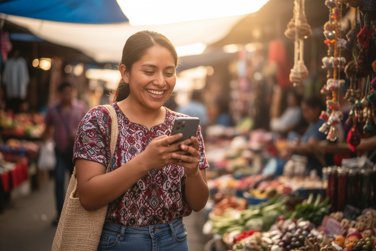 UNA PERSONA DE GUATEMALA COMPRANDO DESDE SU CELULAR SONRIENDO